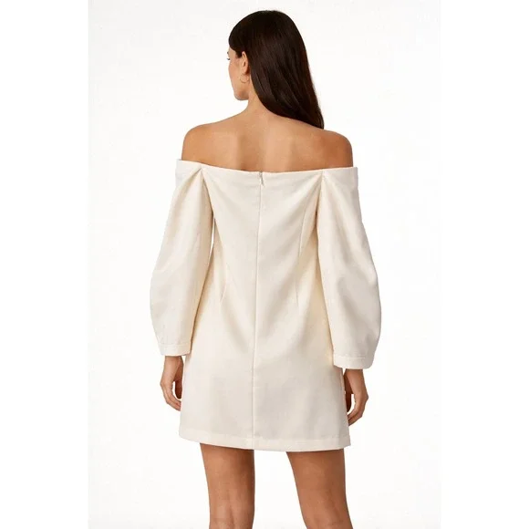 BCBGMAXAZRIA Off Shoulder Puff Sleeve Mini Dress Cream Ivory Size L - Picture 2 of 8